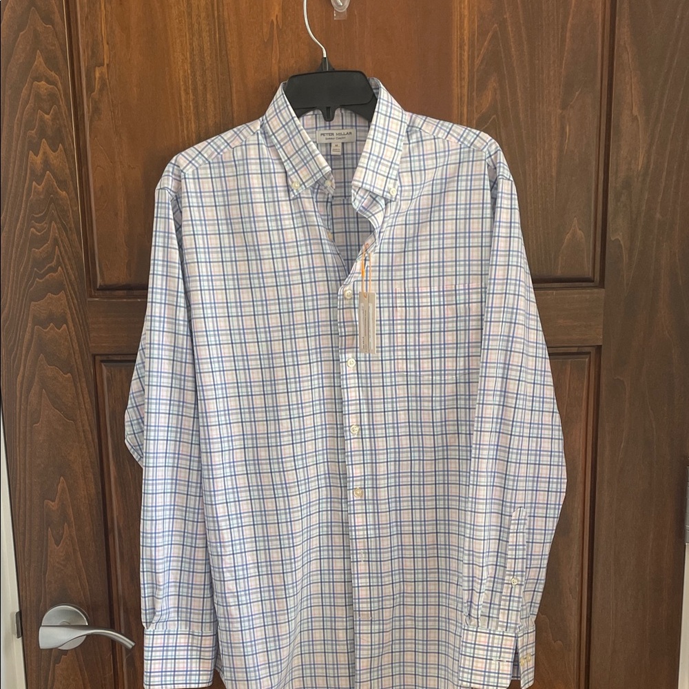 Peter Millar White Button-Down Shirt with Blue & Pink Windowpane